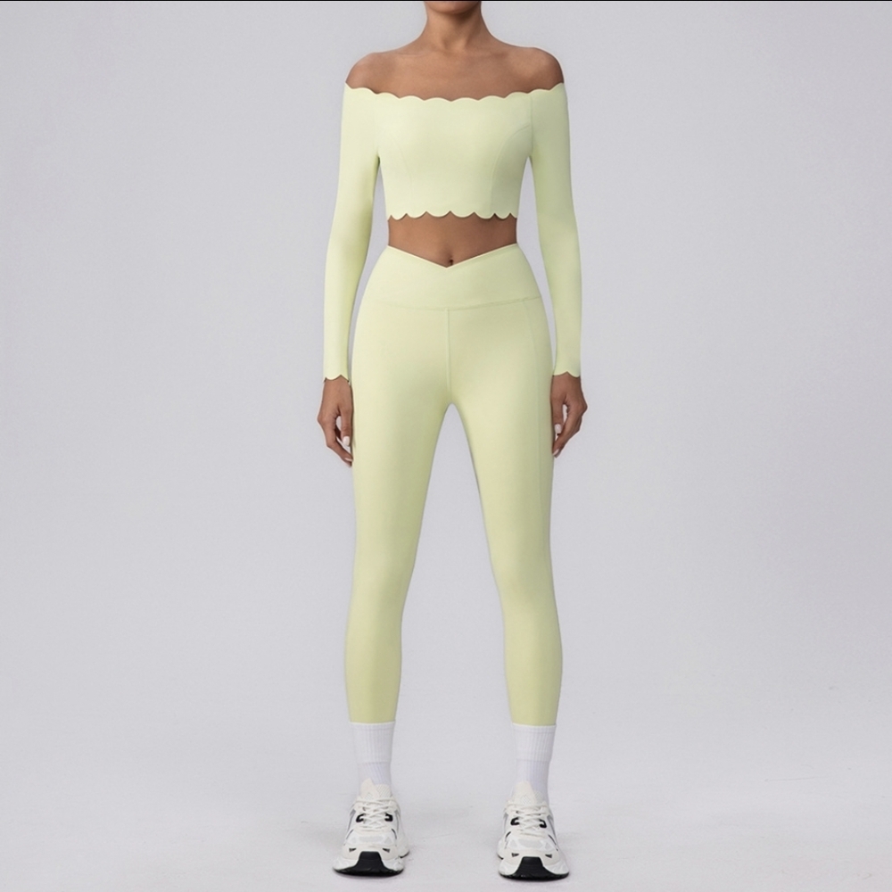 Scalloped Off-Shoulder Leggings Set in Light Yellow